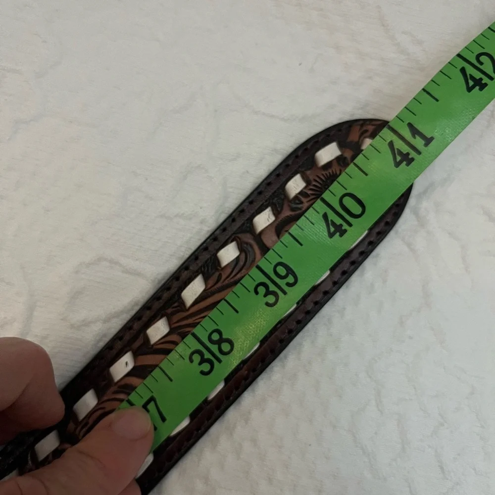 Nocona tooled brown leather belt contrast seam EUC - Picture 11 of 11